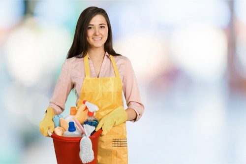 Professional cleaner maintaining a Brompton kitchen and bathroom